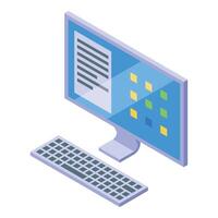 Computer showing document and icons on blue screen with keyboard vector