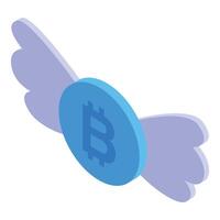 Bitcoin cryptocurrency coin flying with wings, digital currency transaction vector
