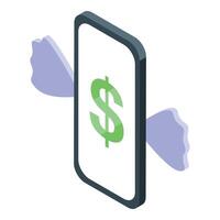 Smartphone showing dollar sign with protecting hands, secure mobile payment vector