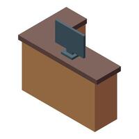 Reception desk with computer in isometric view featuring wooden structure vector