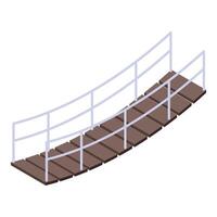 Wooden curved footbridge with metal railing spanning a gap, isometric view vector