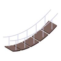 Wooden suspension bridge connecting two sides with metal railing in isometric view vector