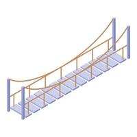 Rope bridge connecting two sides with wooden planks and support pillars vector