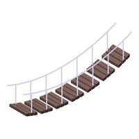 Rope bridge connecting two sides with wooden planks and metal railing vector