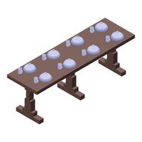 Long wooden table prepared for dinner party with covered plates and cups vector