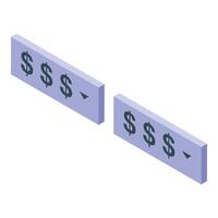 Two digital rectangles showing dollar sign decrease trend with downward arrow vector