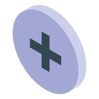 Purple circular button showing plus sign in isometric view vector