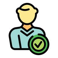 Young man getting approval with green check mark icon vector