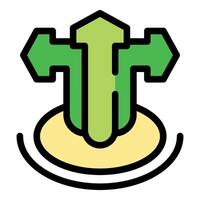 Green arrow pointing up with three arrows pointing to sides on a round base vector