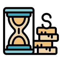 Hourglass measuring passing time next to stack of coins representing money vector