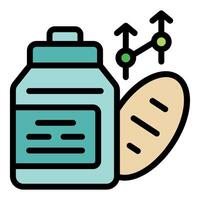 Protein shake bottle with bread and growing chart icon showing muscle gain concept vector