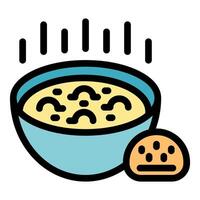 Steaming hot bowl of soup with side bread roll icon vector