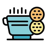 Steaming cup of tea with two round biscuits icon vector