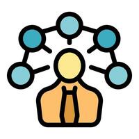 Businessman managing connections in a network visualized with icon vector