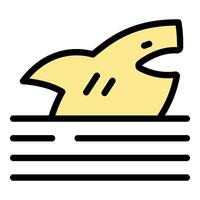 Yellow shark fin surfacing from ocean water lineart icon vector
