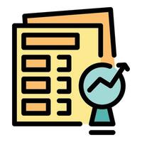 Analyst analyzing financial report with magnifying glass showing growth arrow icon vector