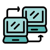 Two laptops exchanging data with double arrows for data transfer concept vector