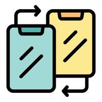 Two smartphones exchanging data with transfer arrows icon vector