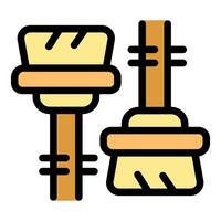 Cleaning tools icon depicting scrub brush and broom for housekeeping vector