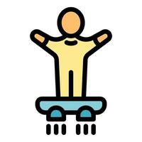 Man balancing on flying electric hoverboard raising arms in celebration vector