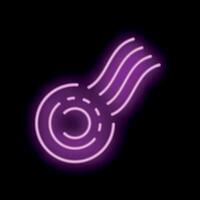 Bright purple neon sign of abstract swirling comet on black background vector