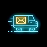 Neon style icon of delivery truck delivering mail representing fast delivery service vector