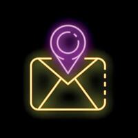 Neon location pin icon glowing above email envelope icon vector