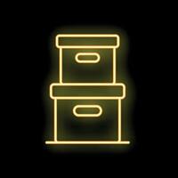 Bright yellow neon sign of archive boxes glowing on a black background vector