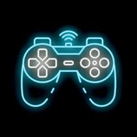 Blue neon video game controller sending wireless signal vector
