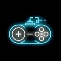Blue neon video game controller glowing on black background vector