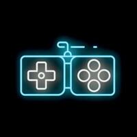 Blue neon video game controller glowing on black background vector
