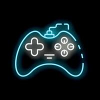 Blue neon video game controller glowing on black background vector