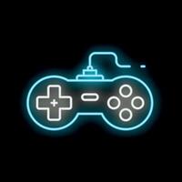 Blue neon video game controller glowing on black background vector