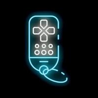 Neon sign of modern gamepad keychain glowing on black background vector