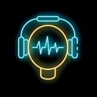 Neon icon of headphones playing audio track with sound wave vector