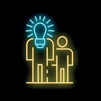 Neon style icon of knowledge transfer with two people and light bulb vector