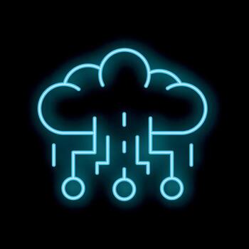 Neon blue cloud computing data storage icon on black background vector
