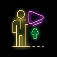 Businessman standing next to play button and up arrow in neon style vector
