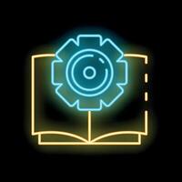 Neon icon of open book with gear wheel symbolizing knowledge vector