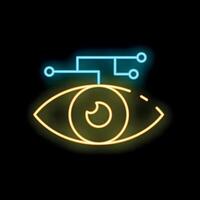 Neon icon of eye analyzing data through neural network vector