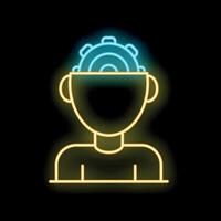 Neon style icon of a person thinking with gears in their open head vector