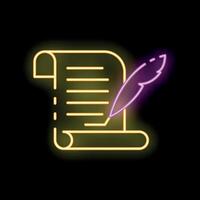 Neon sign representing a feather pen writing on a scroll of paper vector
