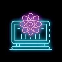 Neon icon of laptop showing atom symbol for science and technology vector