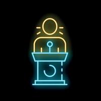 Neon sign representing a speaker giving a speech using a microphone on a podium vector