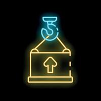 Neon sign of crane hook lifting cargo container with up arrow on black background vector