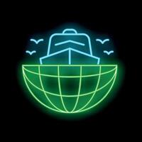 Neon icon of cruise ship sailing around the world vector
