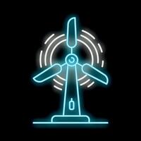 Blue neon wind turbine generating clean energy on black background vector