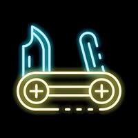 Neon multitool pocket knife glowing on black background vector