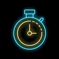 Neon stopwatch icon glowing on dark background vector
