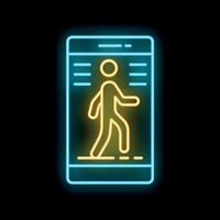 Neon icon of a walking man on smartphone screen displaying fitness tracking app vector